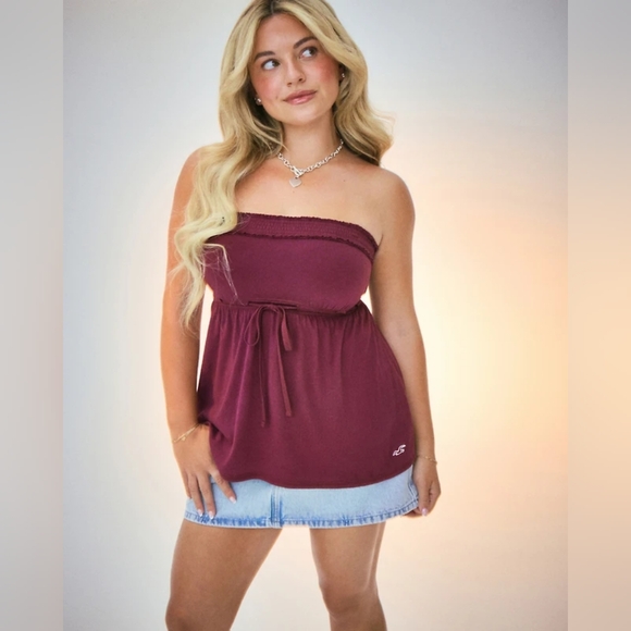 Hollister Strapless Tie Waist Babydoll Top In Medium Mulberry 2000s Vault - Picture 1 of 4
